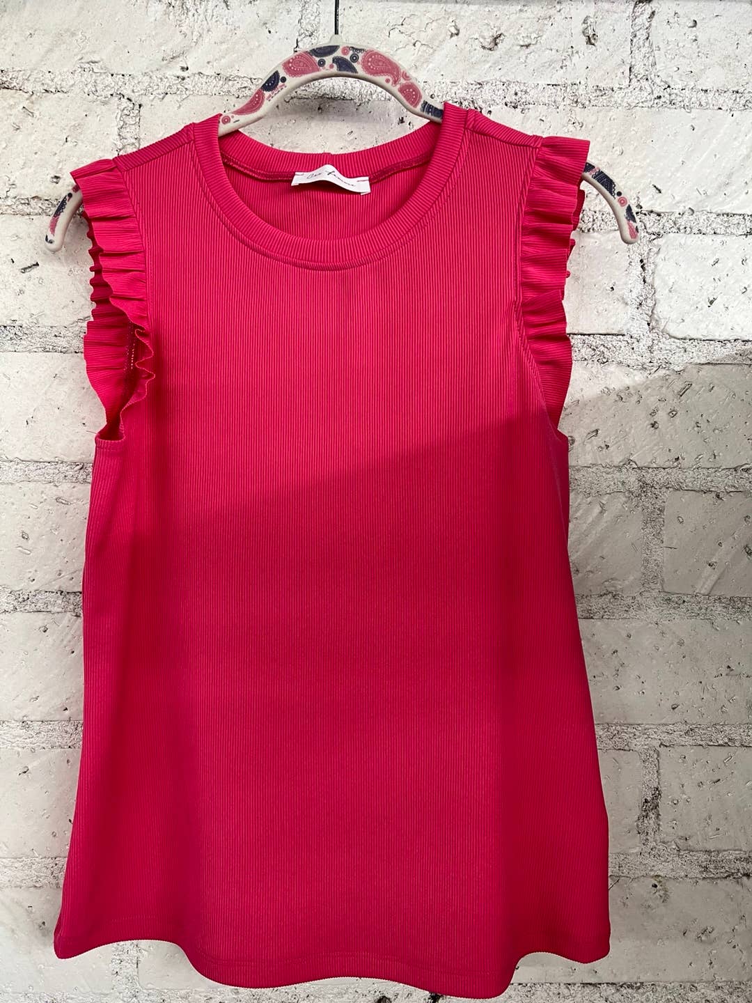 Ruffled Sleeve Ribbed Top in Fuschia