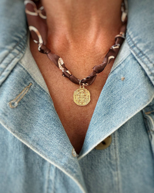 Tuscany Knotted Scarf Coin Charm Necklace Gold Filled