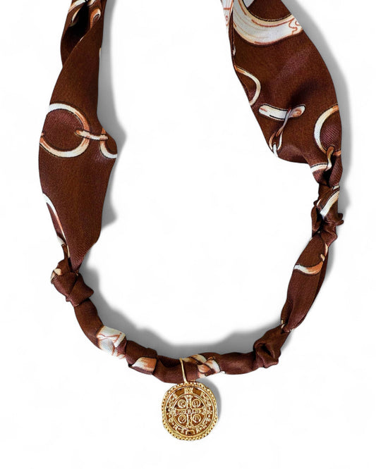 Tuscany Knotted Scarf Coin Charm Necklace Gold Filled