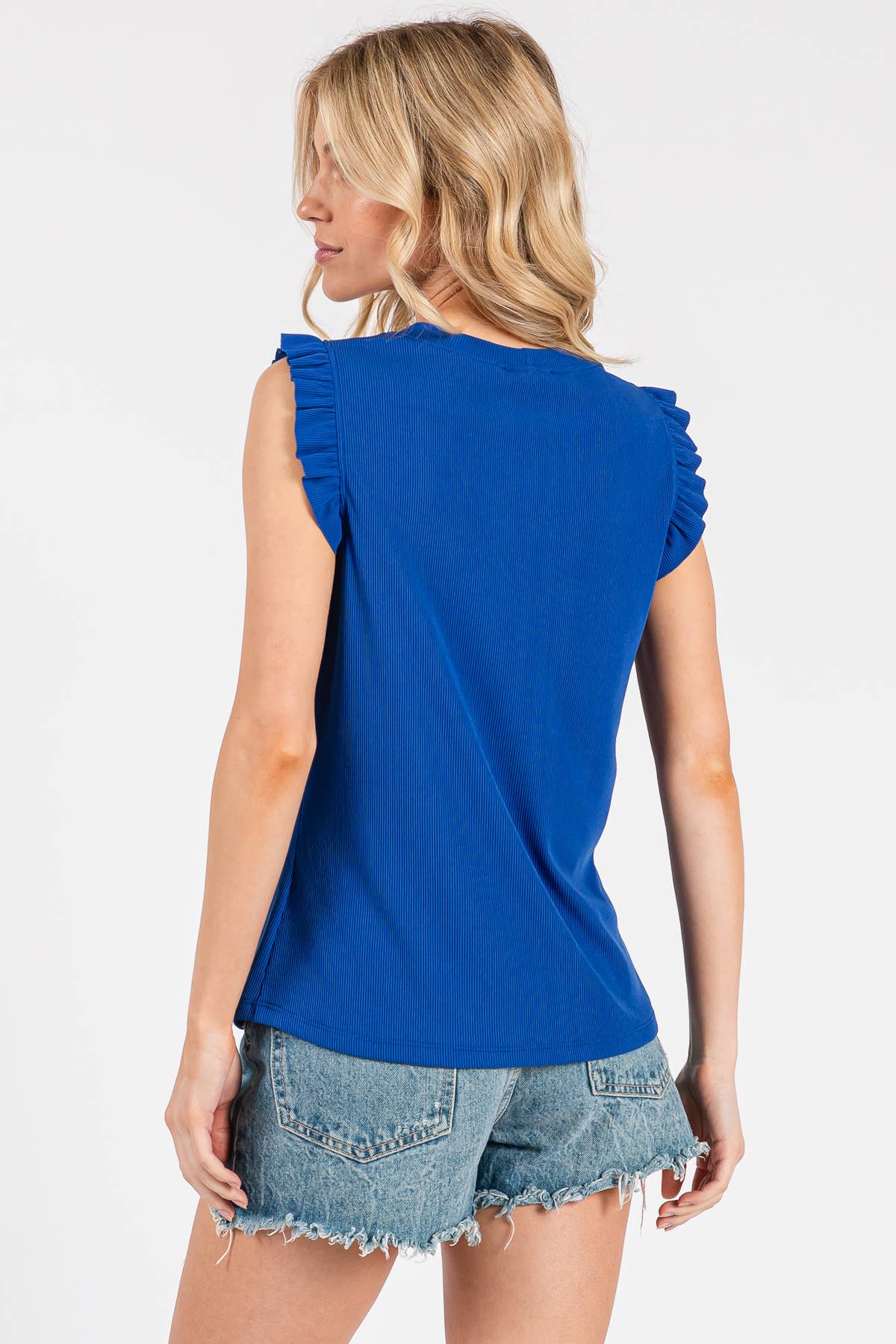 Ruffled Sleeve Ribbed Top in Royal