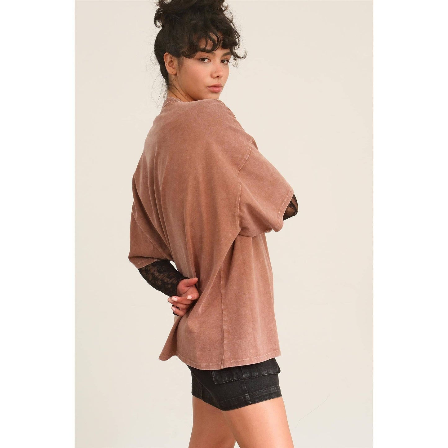 Oversized Distressed Tee in Taupe