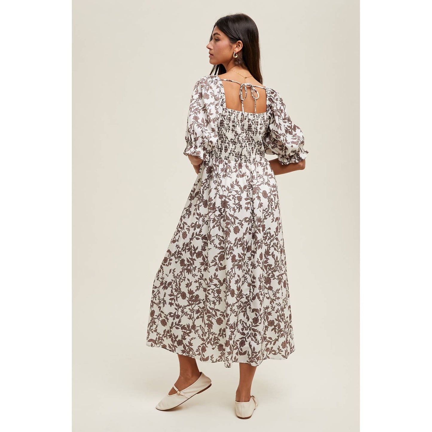 Floral Balloon Sleeve Dress in Chocolate