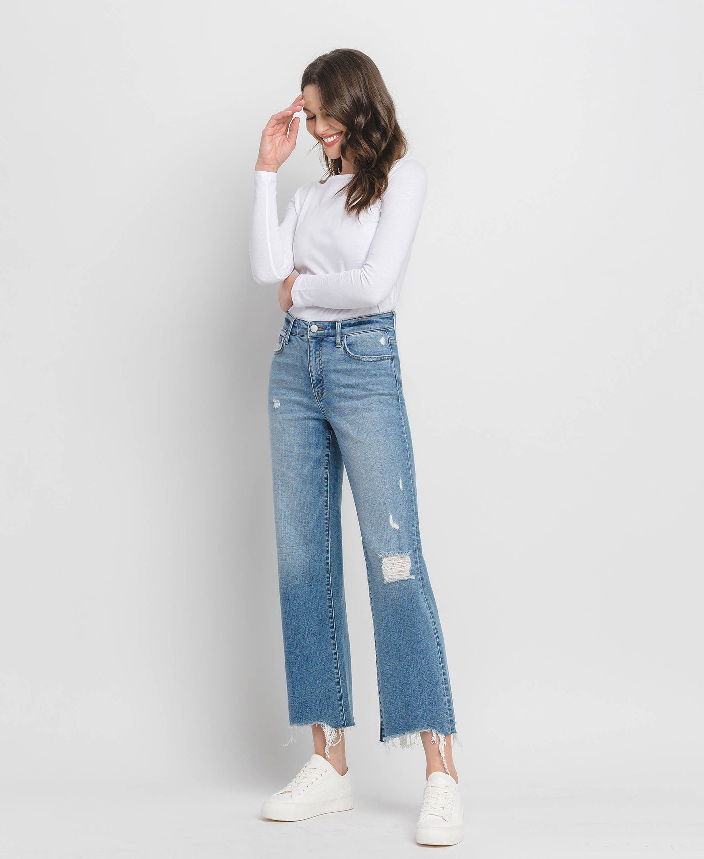 Slim-Wide Leg Jeans with Distressing