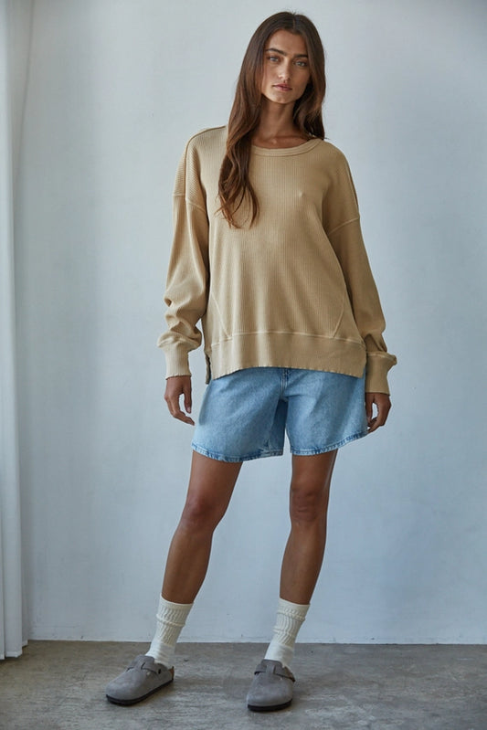 Gold Waffle Drop Shoulder Long Sleeve