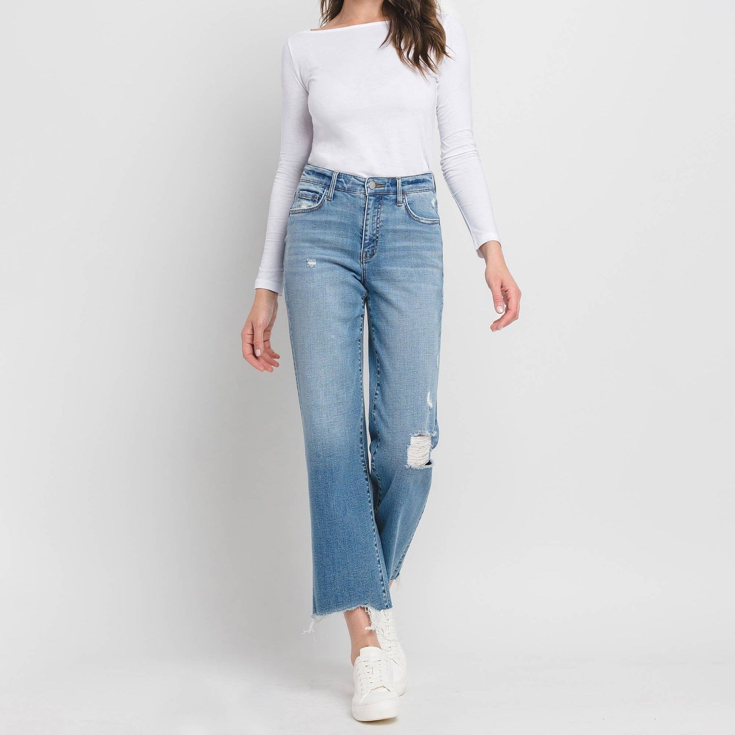 Slim-Wide Leg Jeans with Distressing