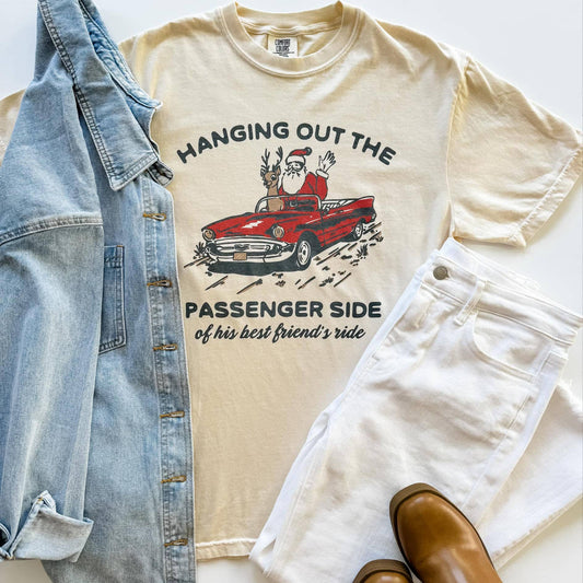 hanging out the passenger side santa and rudolph holiday chrsitmas graphic tee on ivory comfort colors 