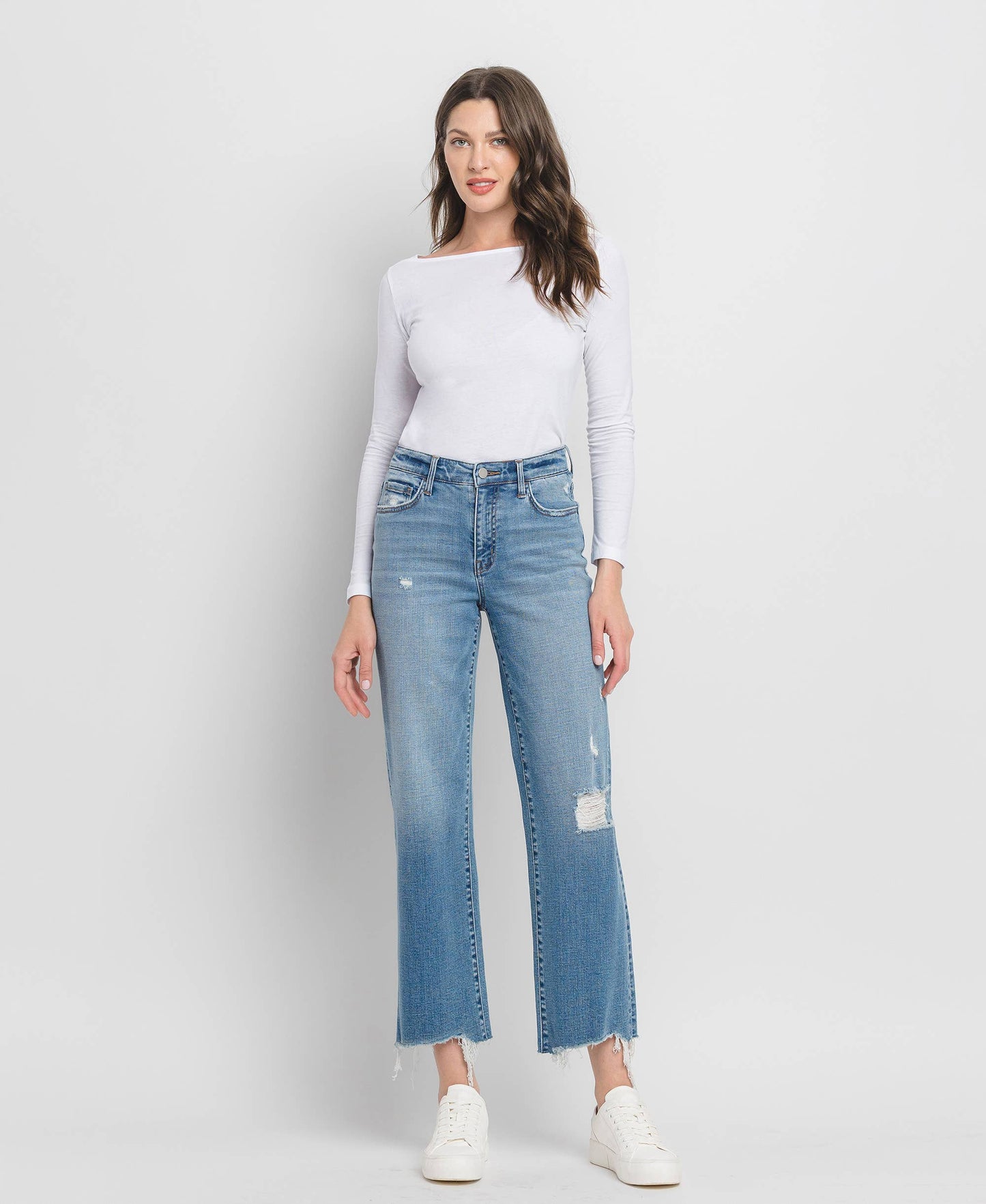 Slim-Wide Leg Jeans with Distressing