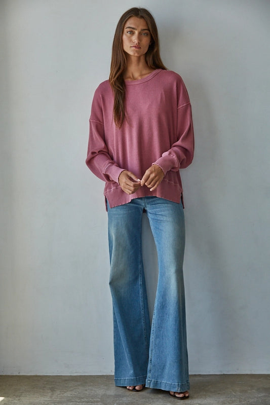 Mauve Waffle Drop Shoulder Long Sleeve