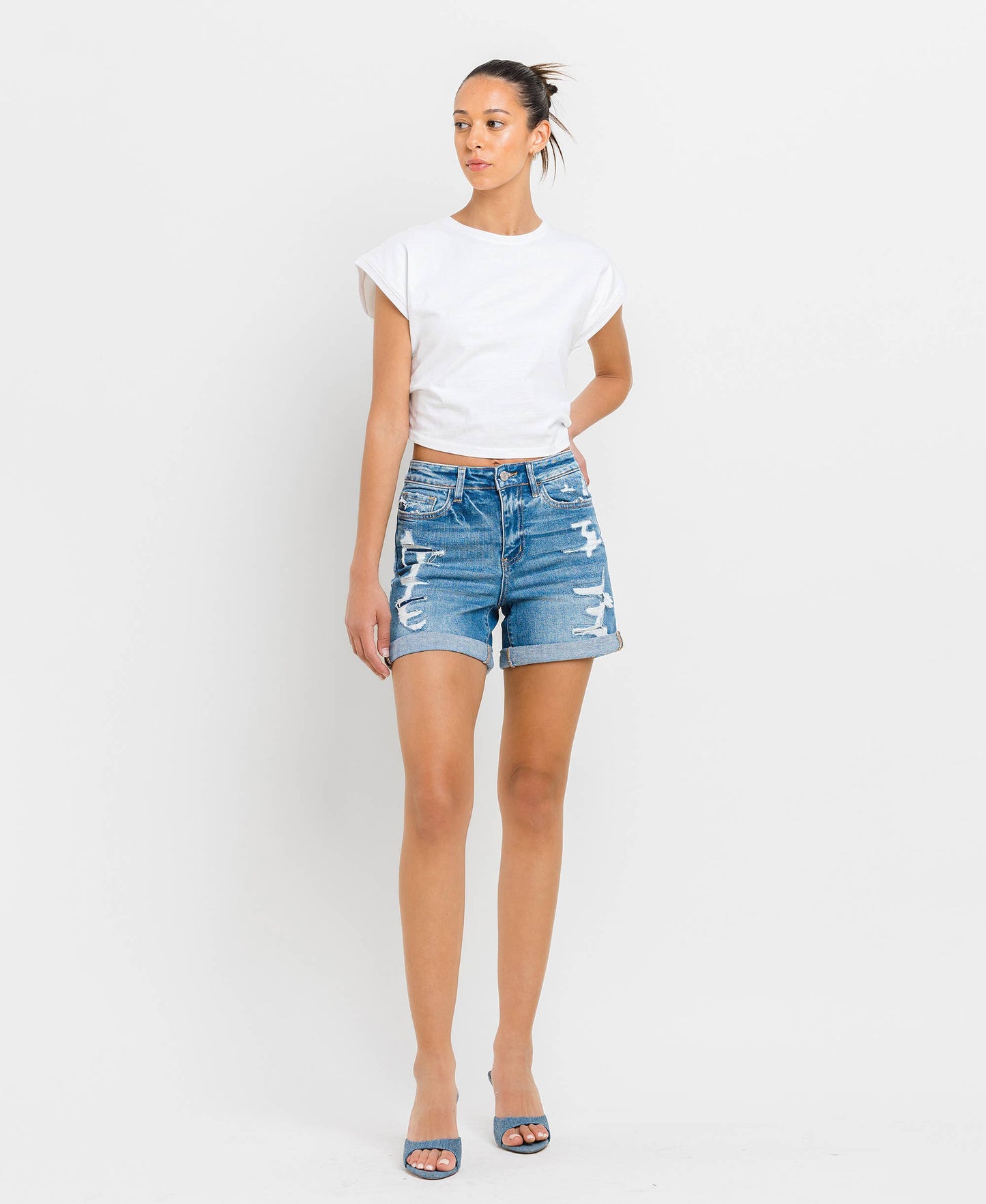 High Rise Distressed Cuff Denim Shorts