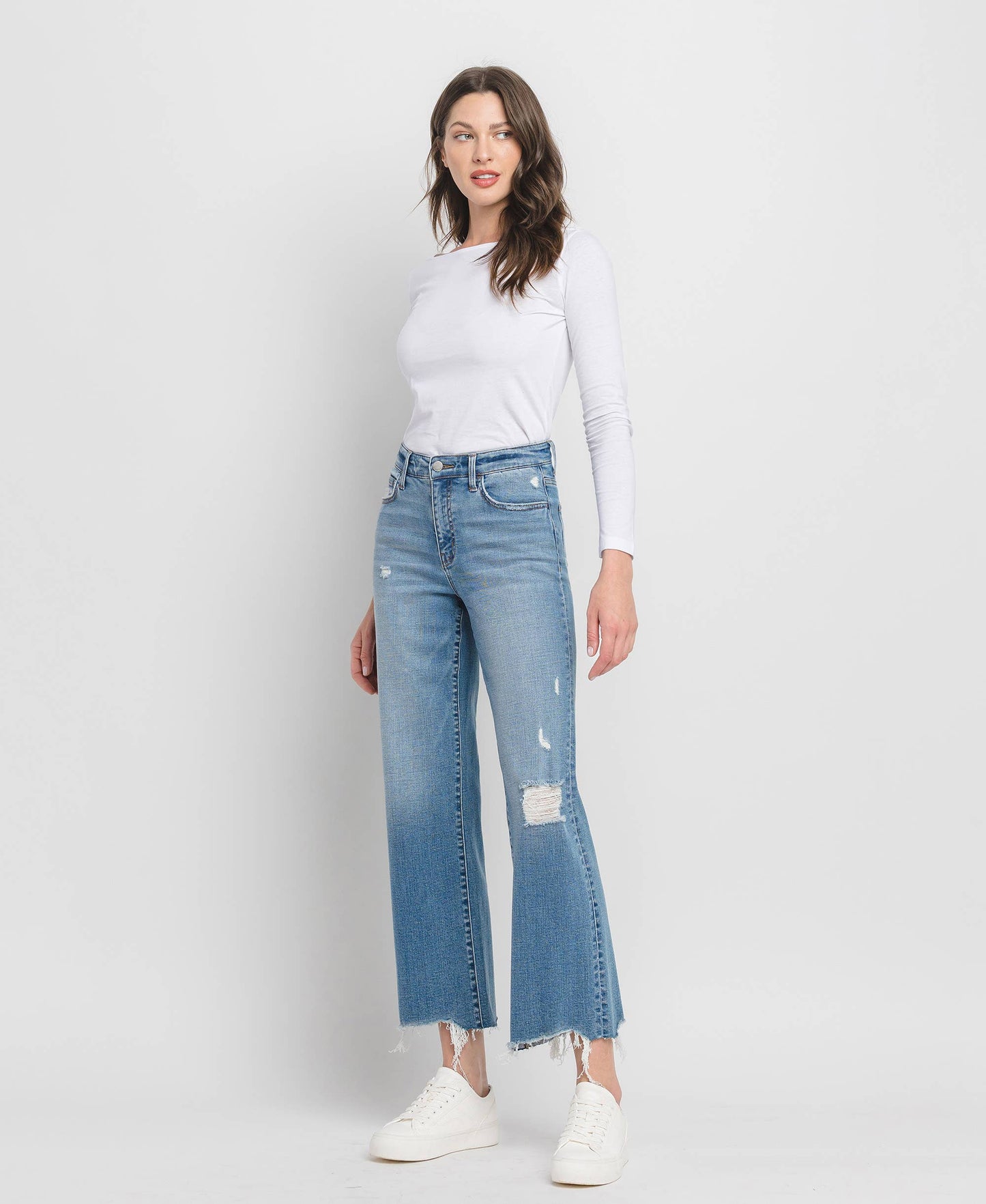 Slim-Wide Leg Jeans with Distressing