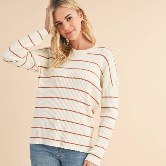 Wishlist Ivory and Camel Knit Sweater Ribbed Fabric with Small Stripes