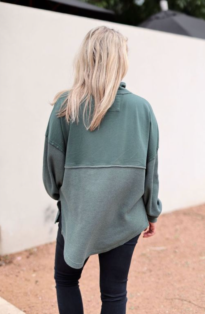 Back view of Jadelyn Brooks waffle knit pullover with half zip in forest green