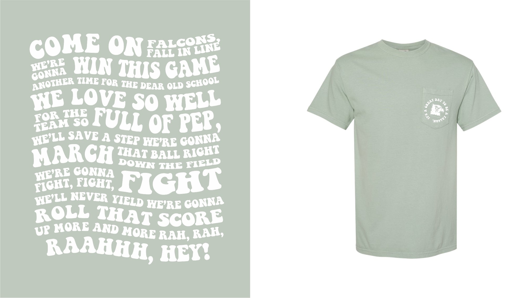 Bay light green blue short sleeve with small falcon head decal and its a great day to be a falcon wrapped around with the fight song in big bubble letters on the back