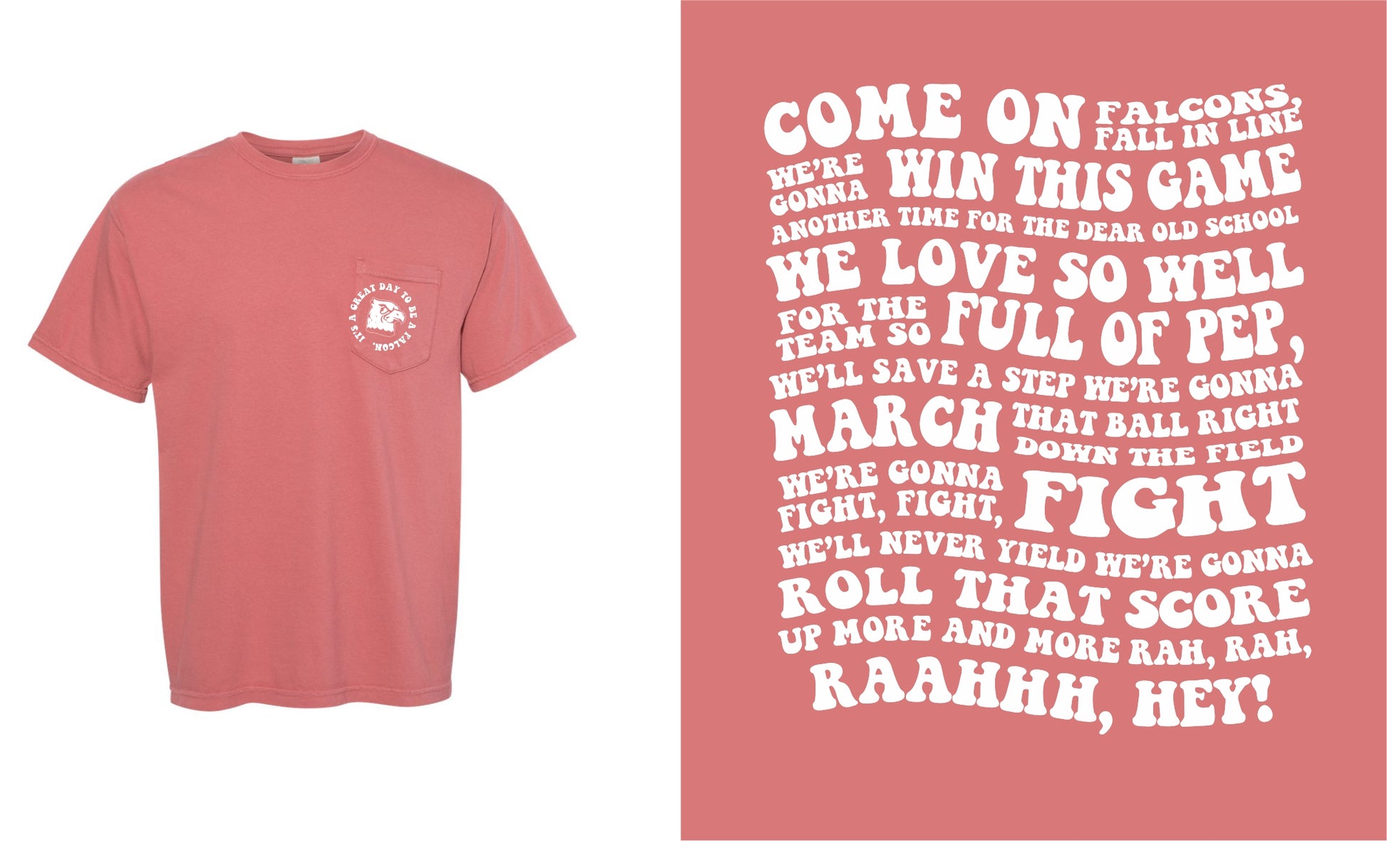 cumin pink salmon short sleeve with small falcon head decal and its a great day to be a falcon wrapped around with the fight song in big bubble letters on the back