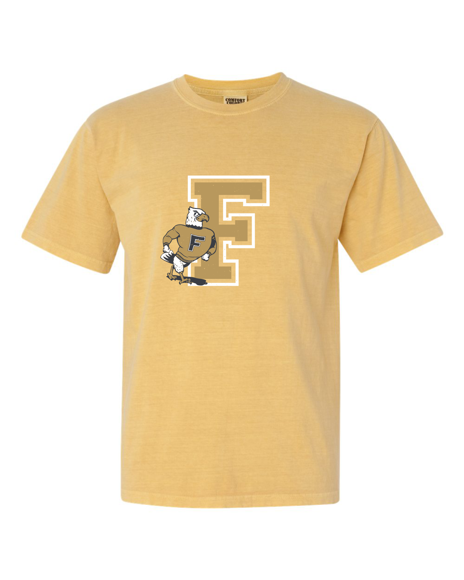 Gold short sleeve shirt with large F and a falcon standing next to it