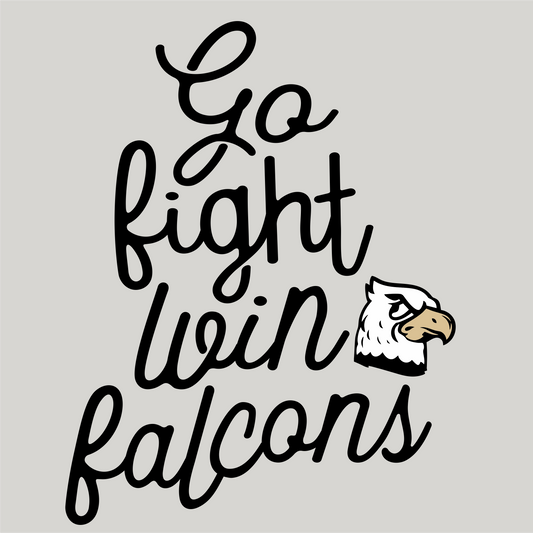 go fight win falcons in black fancy font and a grey background