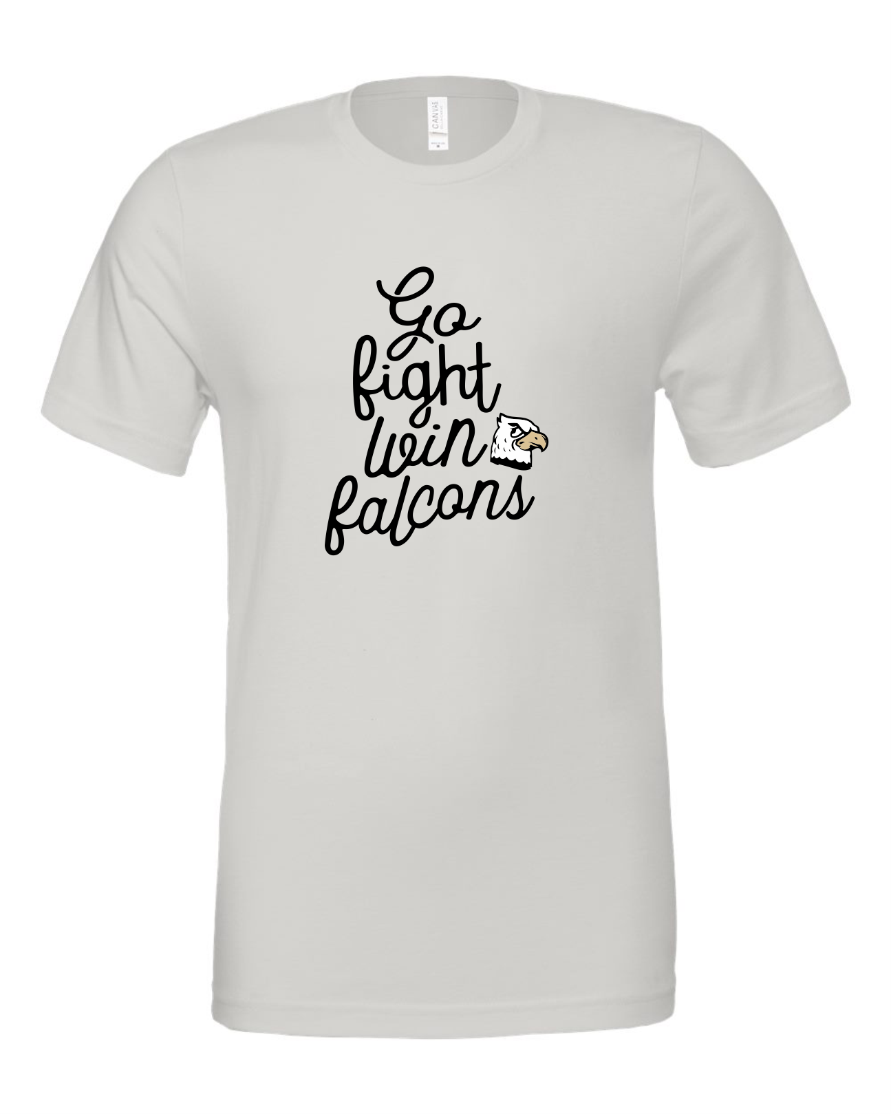 grey short sleeve shirt with go fight win written in black script and a falcon head