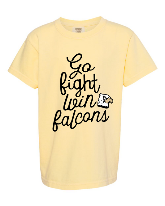 yellow youth short sleeve t shirt with black lettering that says go fight win falcons with a falcon head