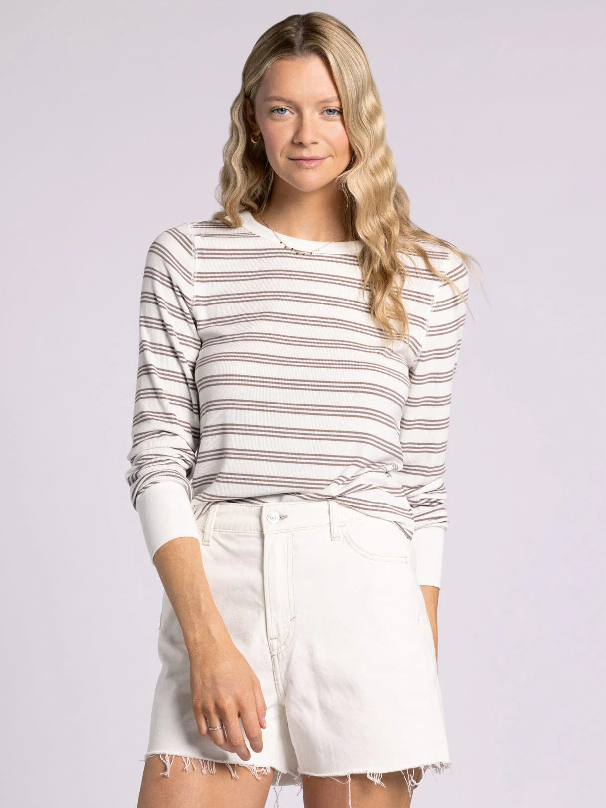 Stacy Top in White & Taupe Stripe