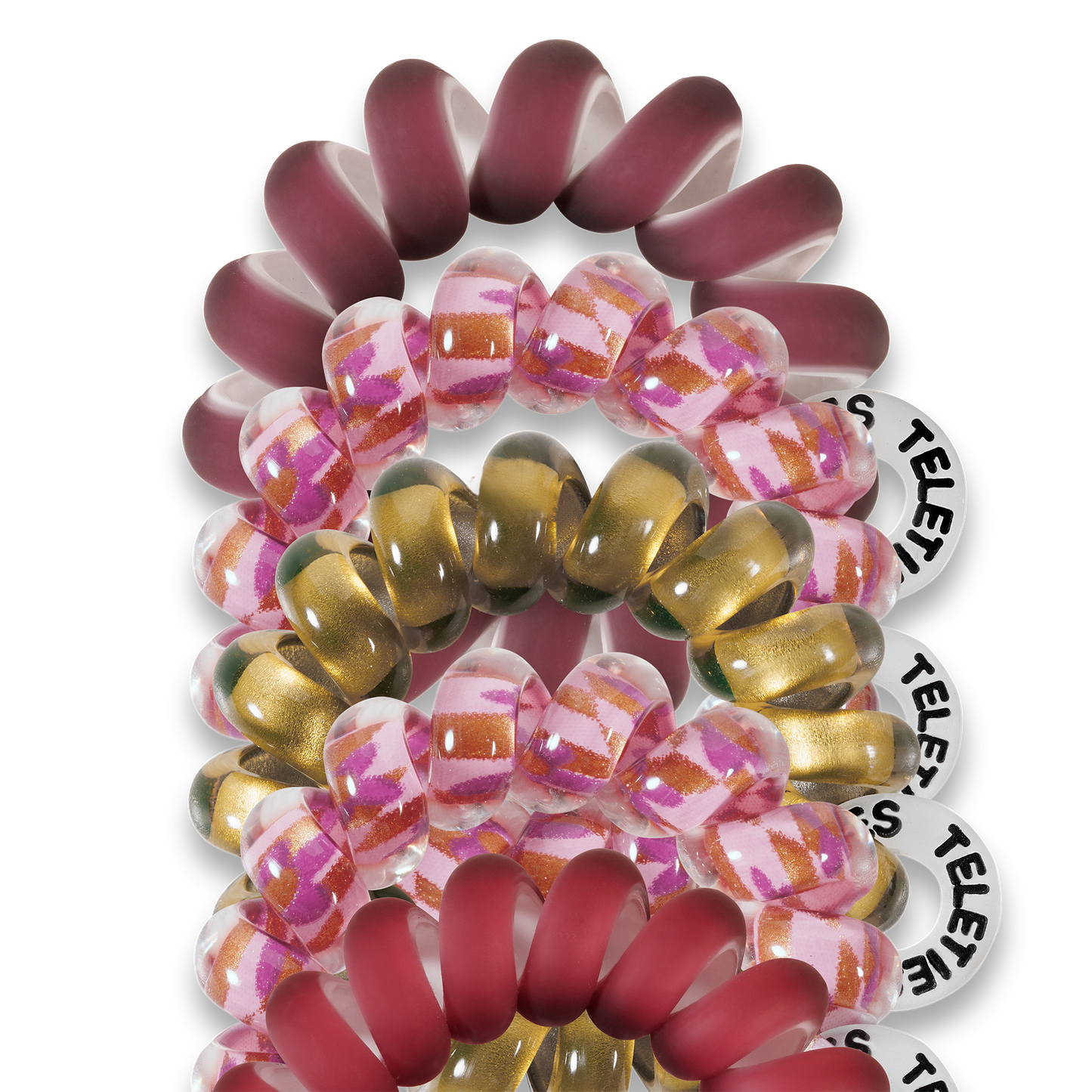 red pink yellow and burgundy jelly loop hair ties spiral