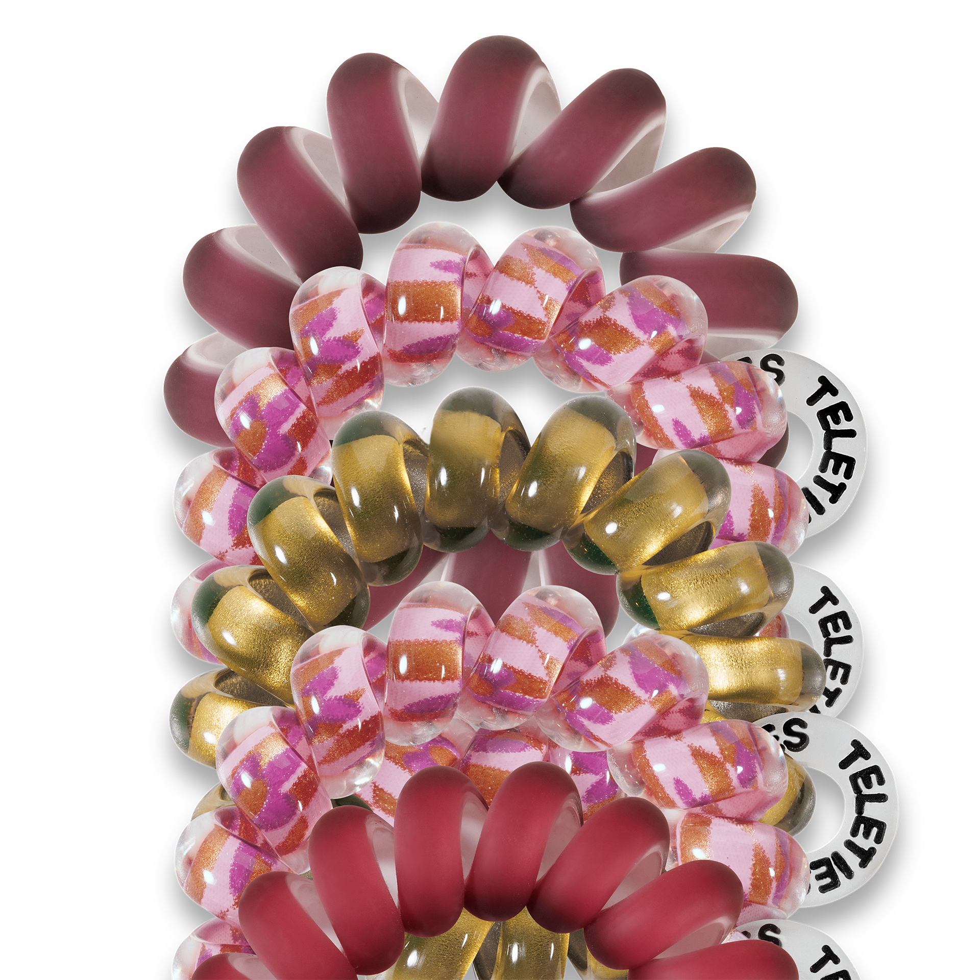 red pink yellow and burgundy jelly loop hair ties spiral