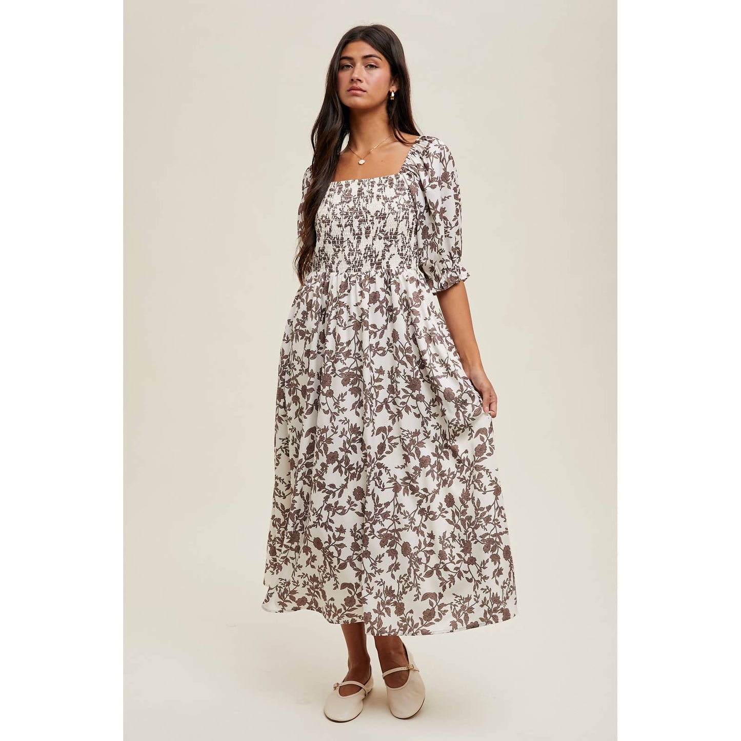 Floral Balloon Sleeve Dress in Chocolate