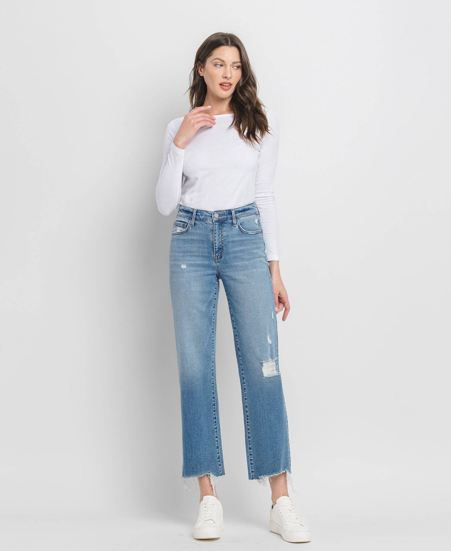 Slim-Wide Leg Jeans with Distressing