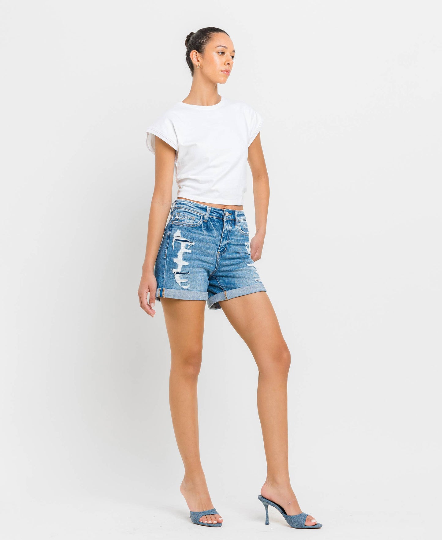 High Rise Distressed Cuff Denim Shorts