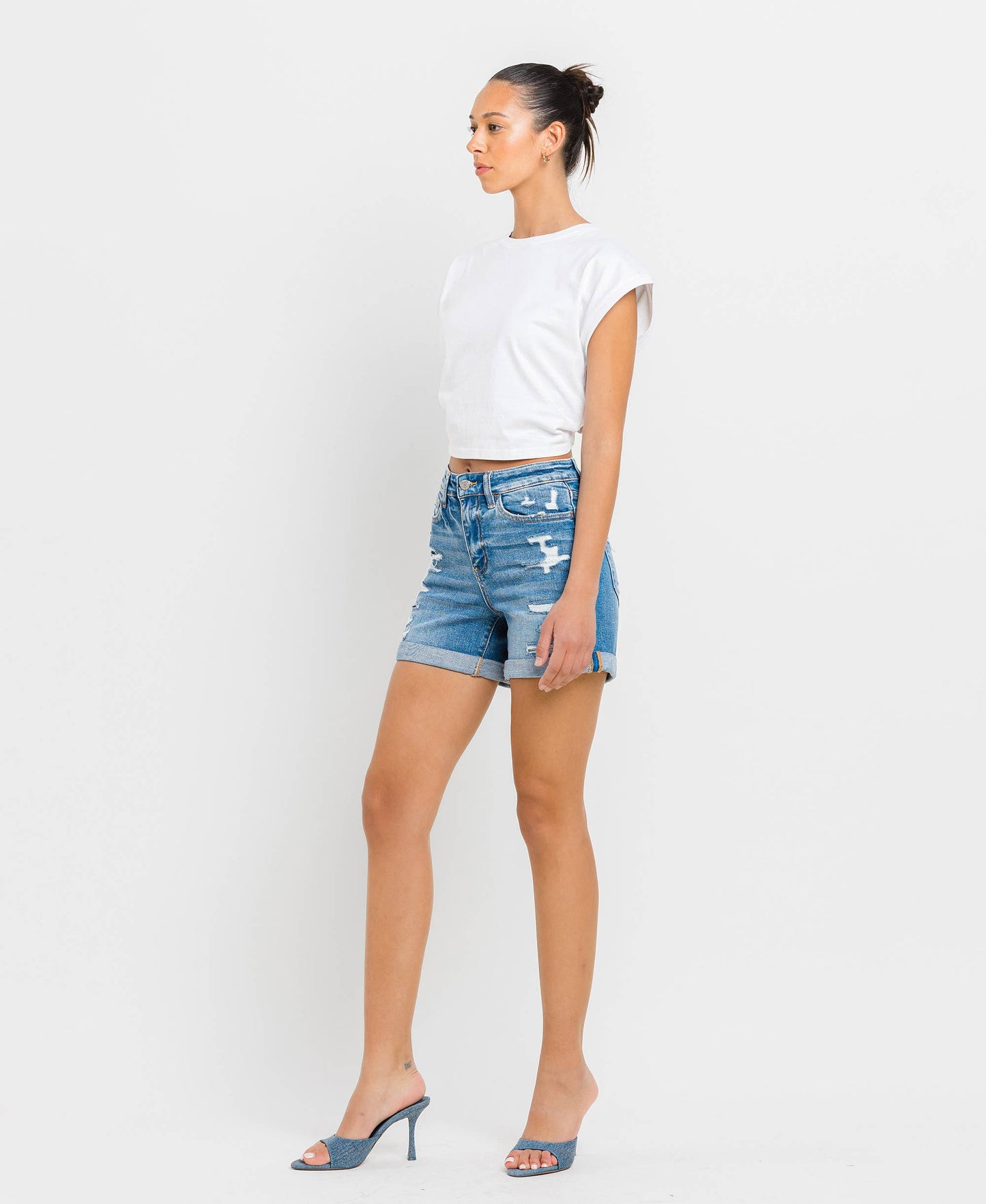 High Rise Distressed Cuff Denim Shorts