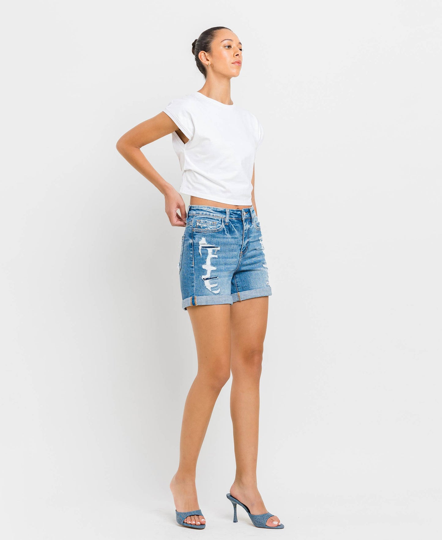 High Rise Distressed Cuff Denim Shorts