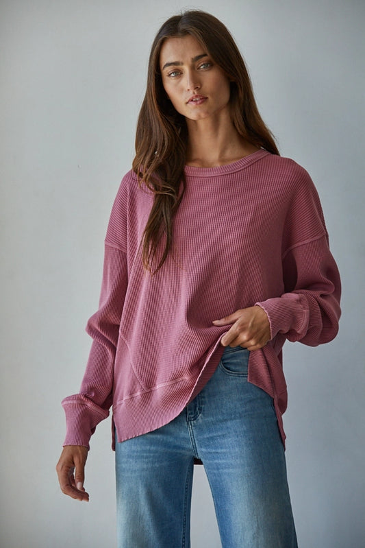 Mauve Waffle Drop Shoulder Long Sleeve