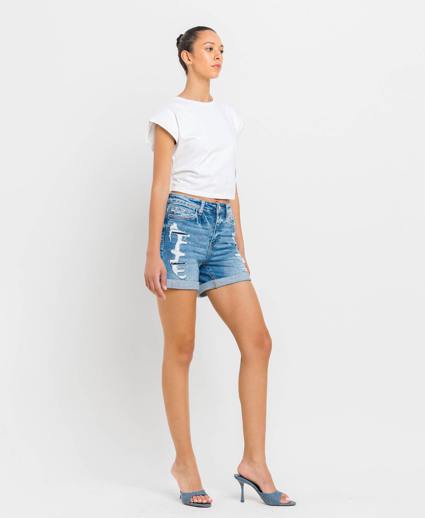 High Rise Distressed Cuff Denim Shorts