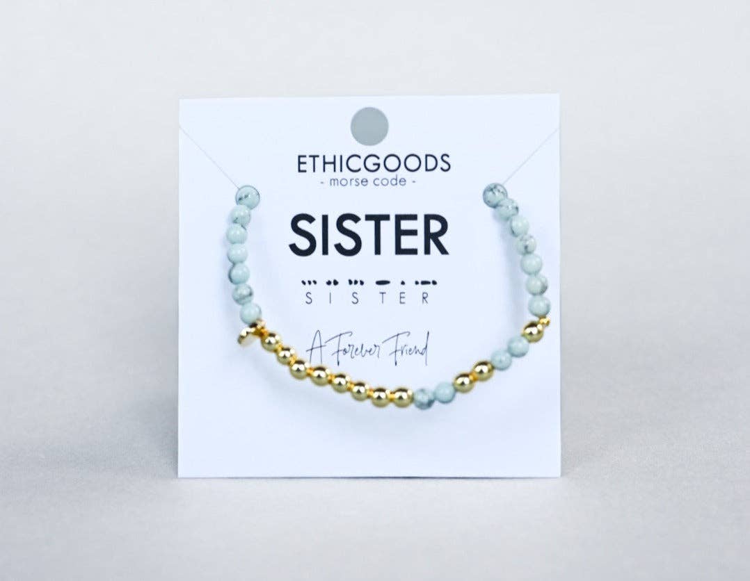 Gold Morse Code Bracelet | SISTER: Light Blue Howlite