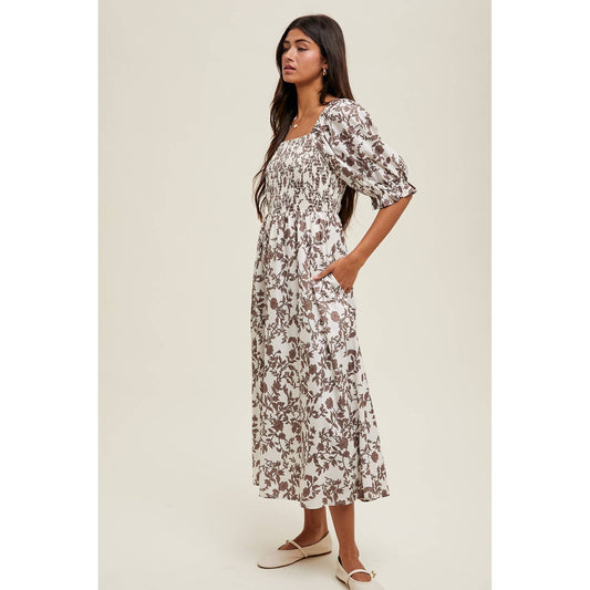 Floral Balloon Sleeve Dress in Chocolate