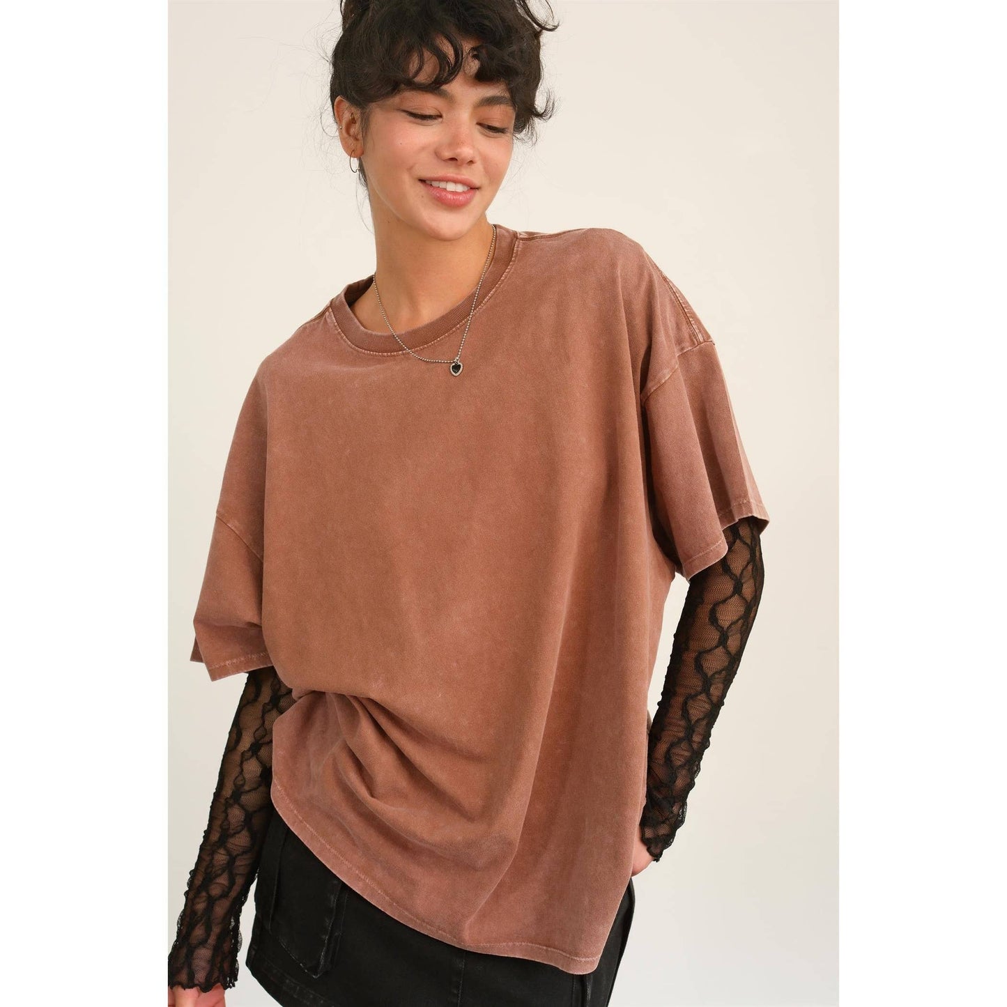 Oversized Distressed Tee in Taupe