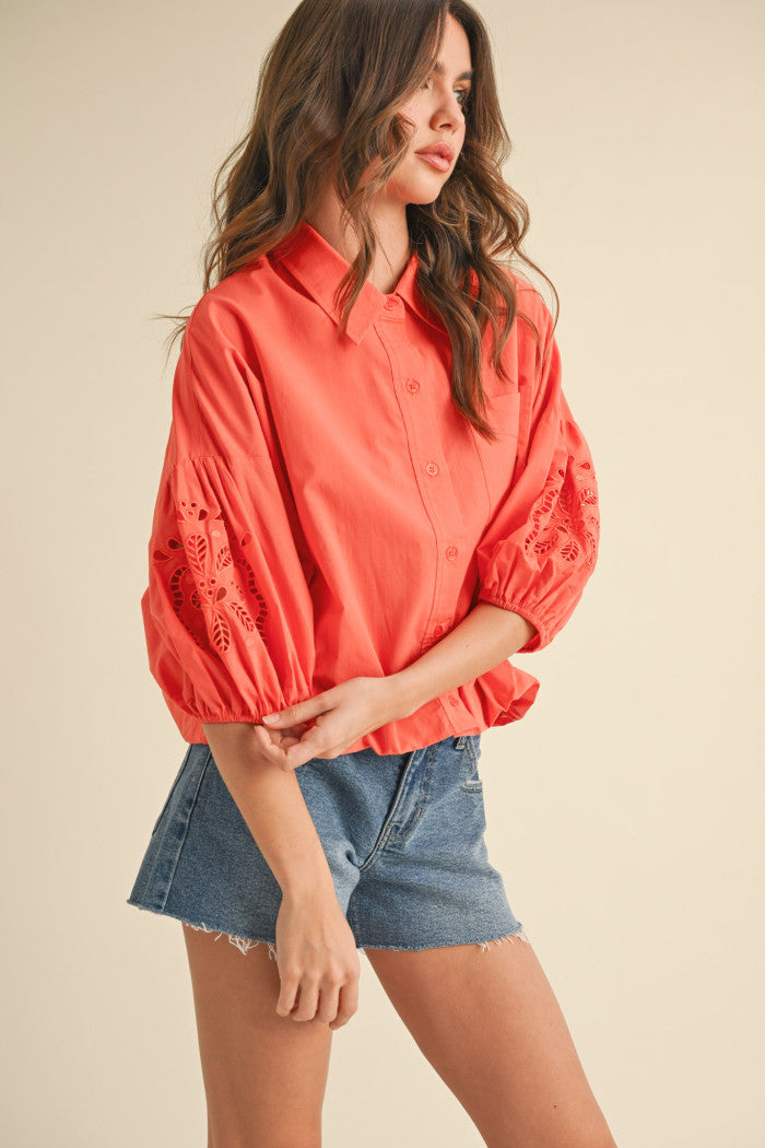 Darla Collared Bubble Blouse in Coral