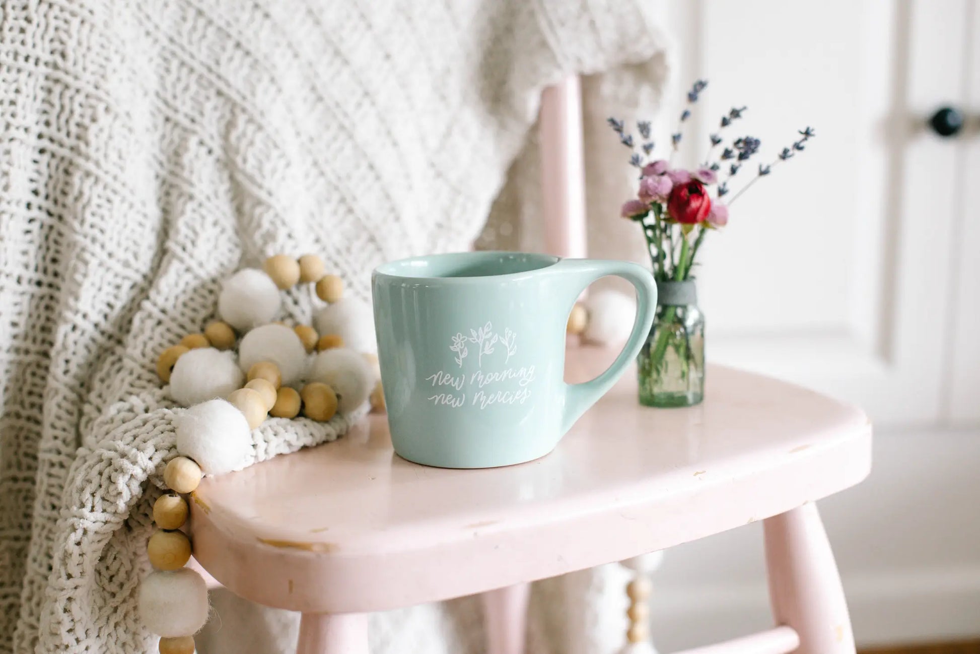 New Mornings New Mercies coffee mug from Rachel Allene with small floral design